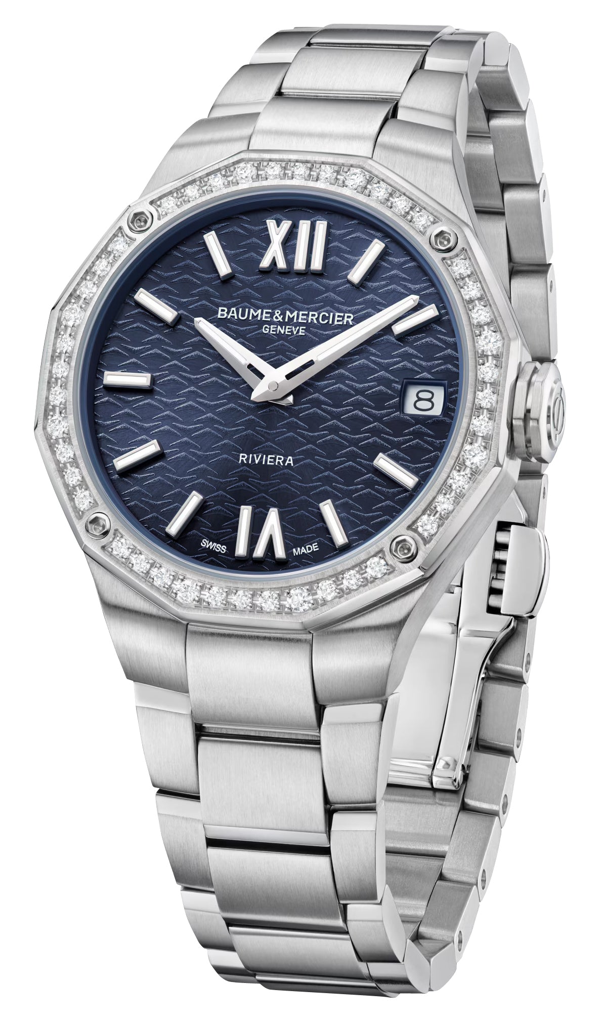 Baume & Mercier Riviera Stainless Steel Blue Dial Diamonds Date Quartz Womens Watch M0A10765