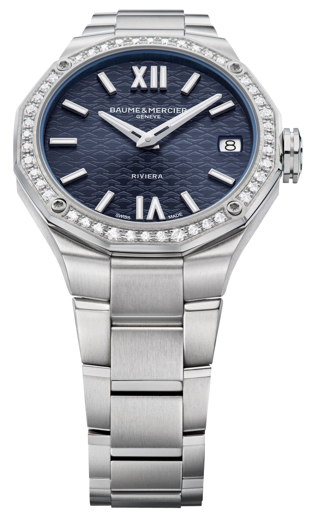 Baume & Mercier Riviera Stainless Steel Blue Dial Diamonds Date Quartz Womens Watch M0A10765