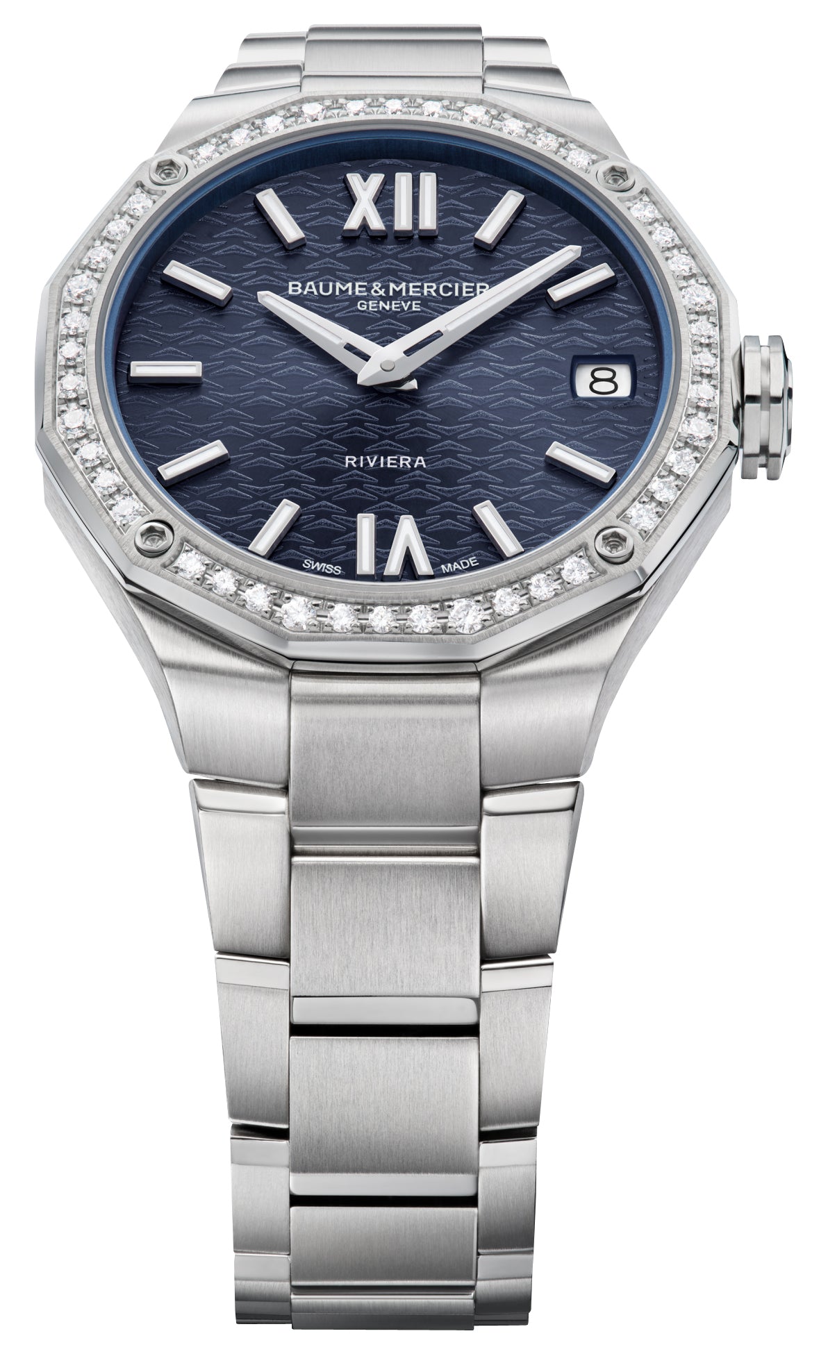 Baume & Mercier Riviera Stainless Steel Blue Dial Diamonds Date Quartz Womens Watch M0A10765