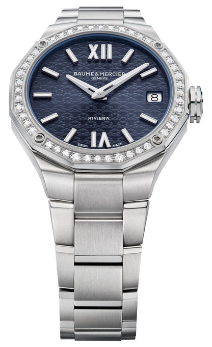 Baume & Mercier Riviera Stainless Steel Blue Dial Diamonds Date Quartz Womens Watch M0A10765