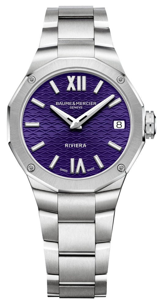 Baume & Mercier Riviera Stainless Steel Purple Dial Date Quartz Womens Watch M0A10728