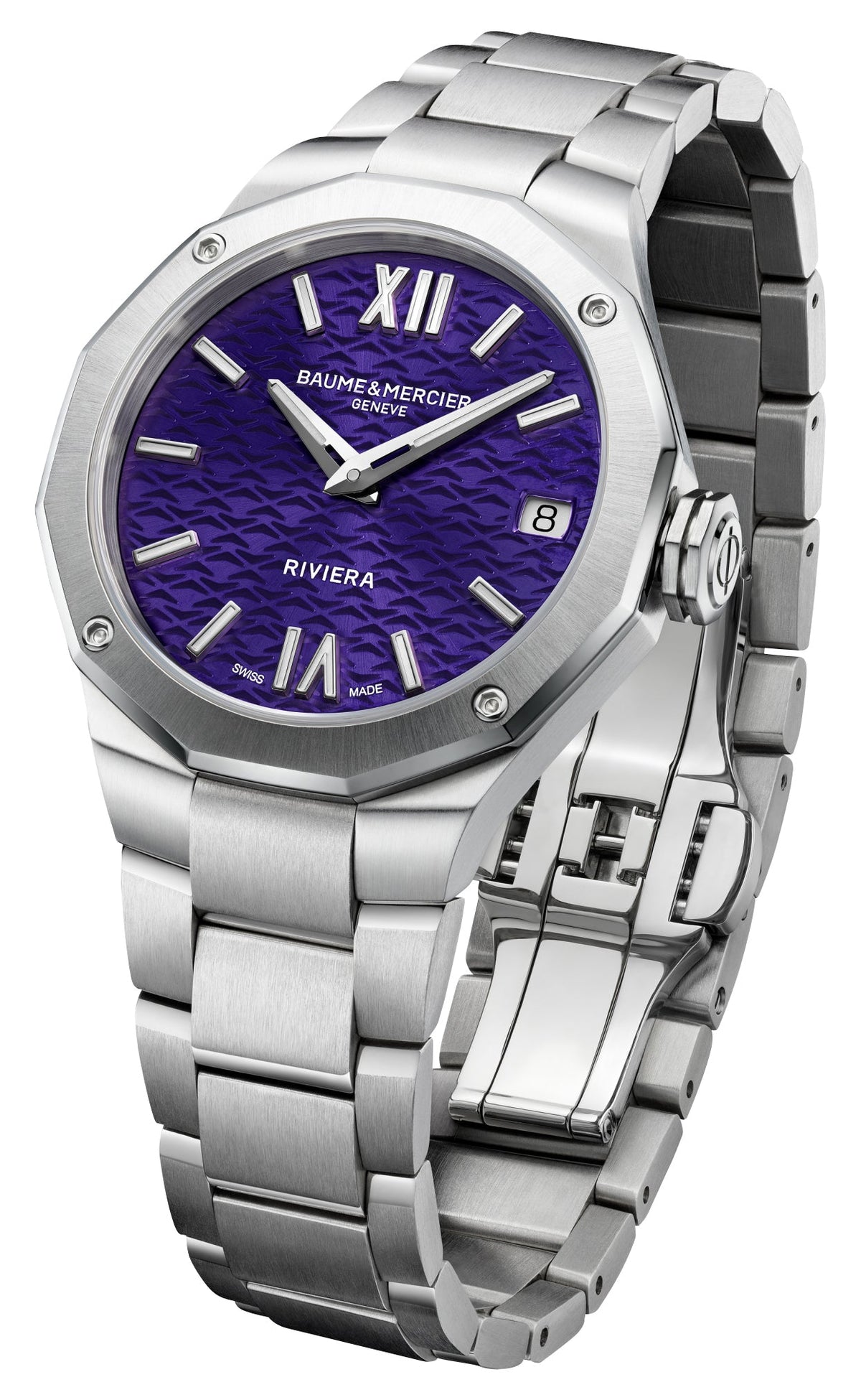 Baume & Mercier Riviera Stainless Steel Purple Dial Date Quartz Womens Watch M0A10728