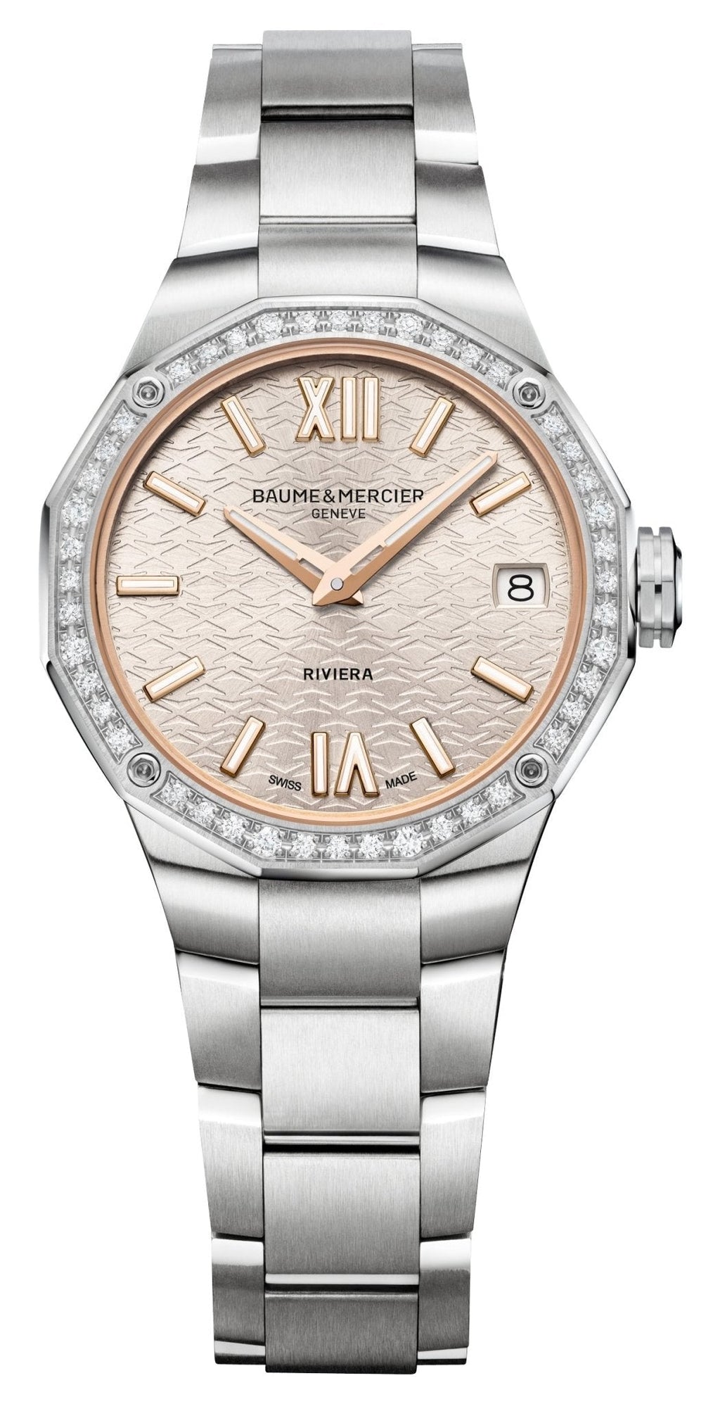 Baume & Mercier Riviera Stainless Steel Silver Dial Diamonds Date Quartz Womens Watch M0A10796