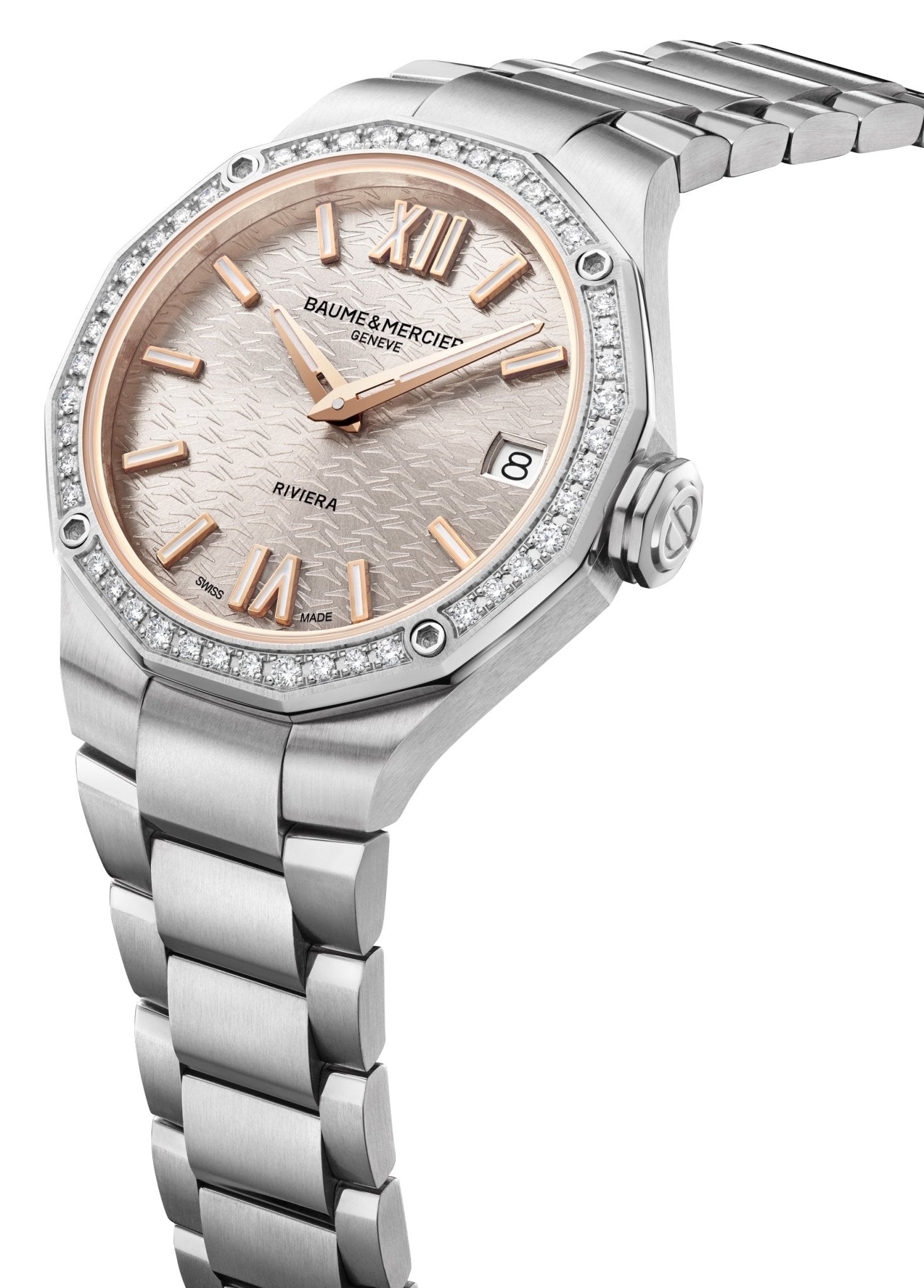 Baume & Mercier Riviera Stainless Steel Silver Dial Diamonds Date Quartz Womens Watch M0A10796