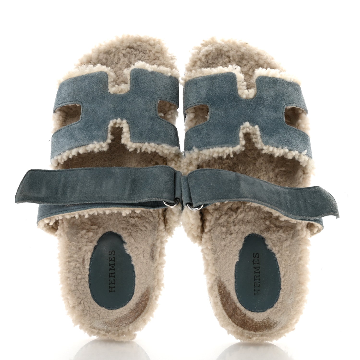 Suede Goatskin Woolskin Womens Chypre Sandals 38.5 Bleu Pinede Ecru