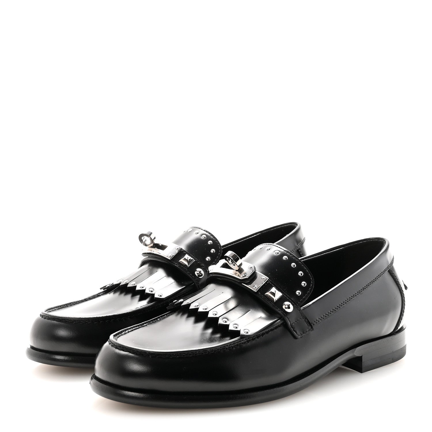 Glazed Calfskin Medor Studded Fringe Womens Destin Loafer 35 Black