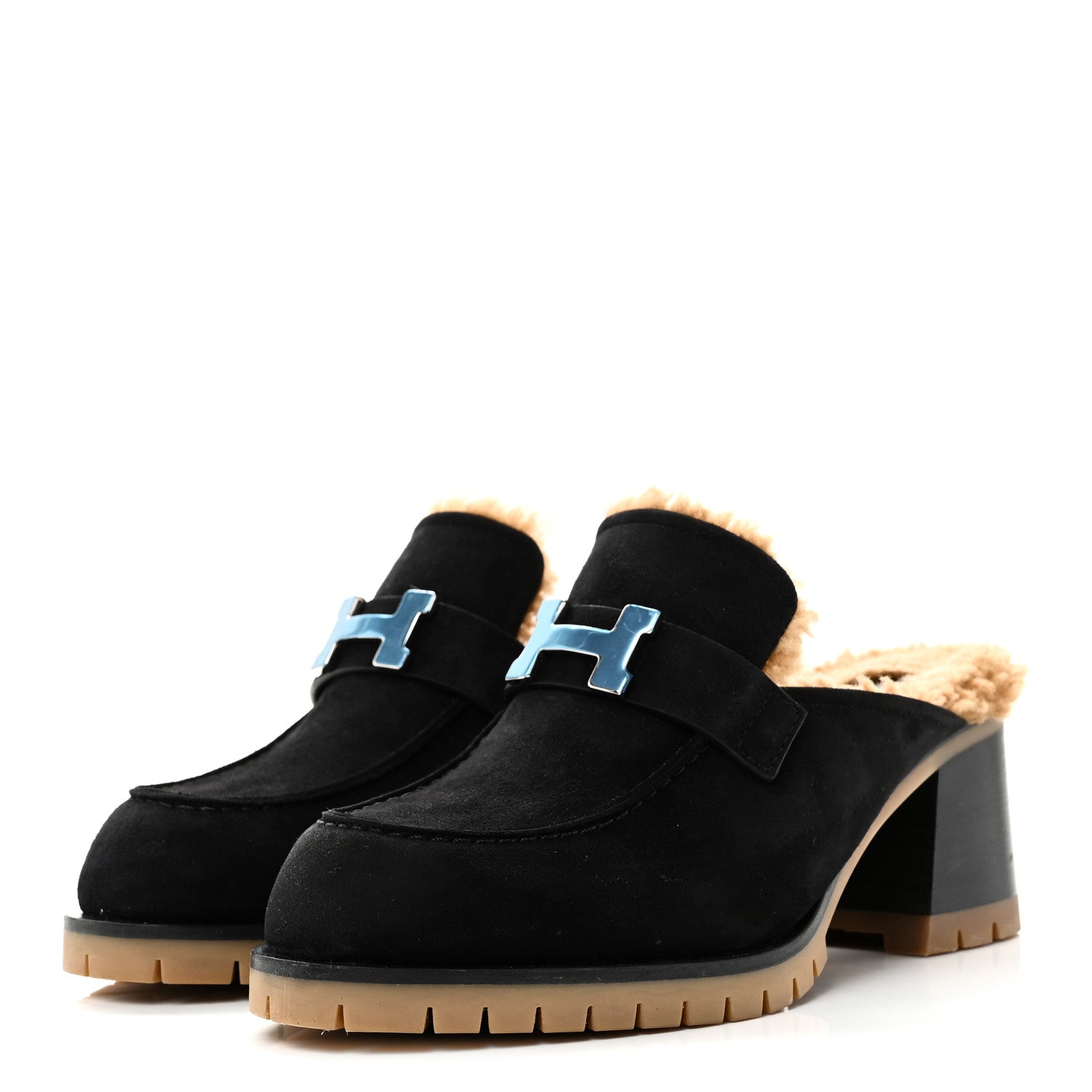 Suede Goatskin Woolskin Flore 60 Mules 36.5 Black Camel