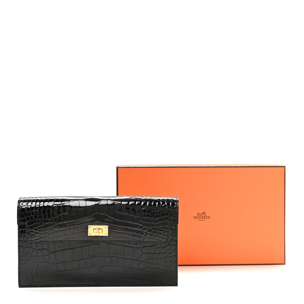 Shiny Alligator Kelly Pocket Long Wallet Black