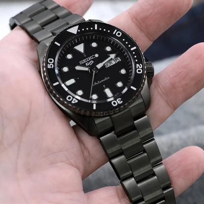Seiko 5 Sports Automatic Black Dial Black Steel Strap Watch For Men - SRPD65K1
