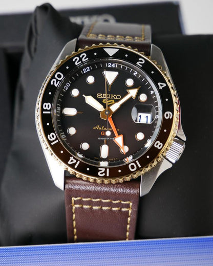 Seiko 5 Sports SKX GMT Automatic Mocha Black Dial Brown Leather Strap Watch For Men - SSK036K1