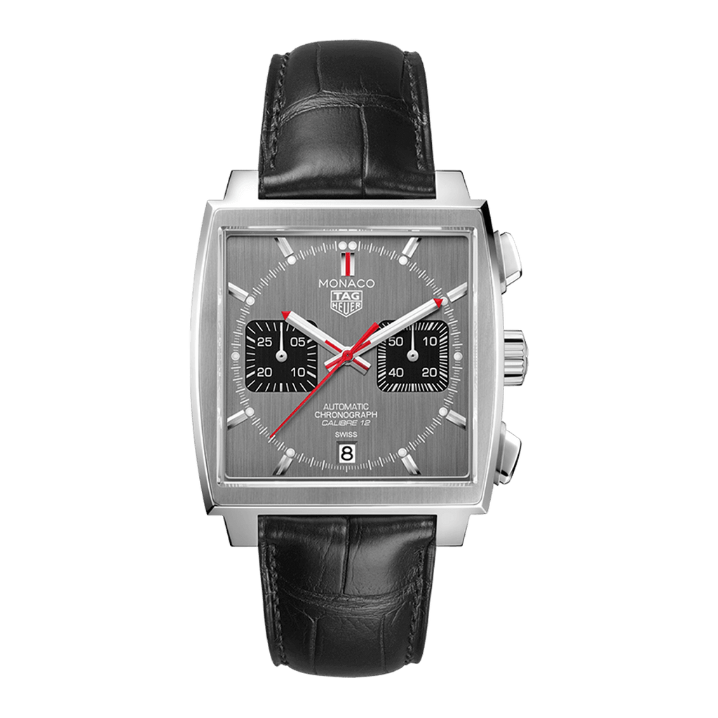Tag Heuer Monaco Calibre 12 Final Edition Chronograph Grey Dial Black Leather Strap Watch for Men - CAW211J.FC6476
