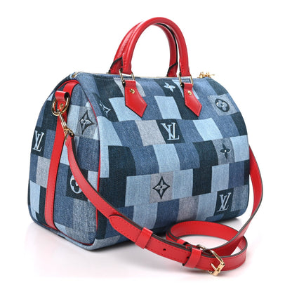 Denim Damier Monogram Patchwork Speedy Bandouliere 30 Blue Rouge