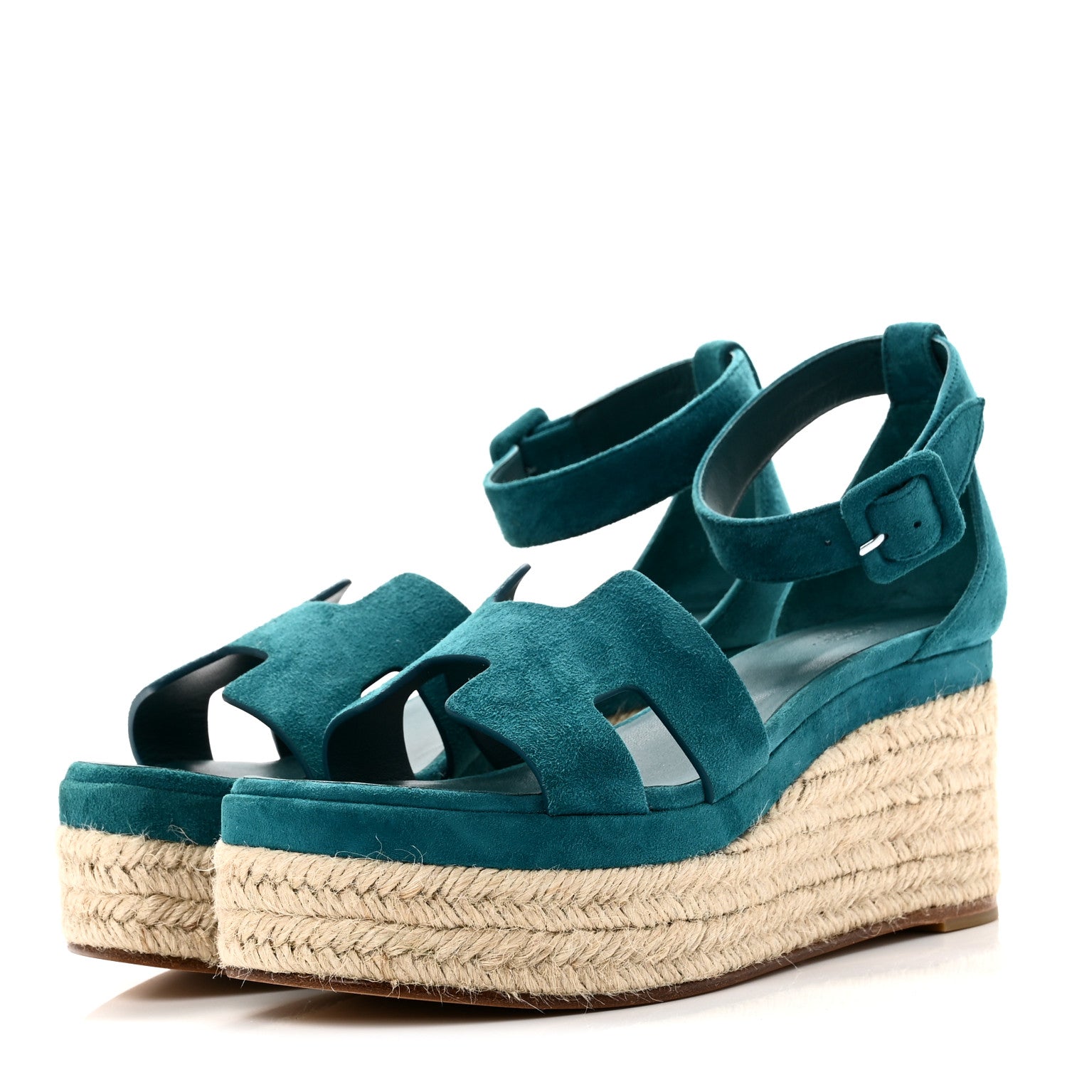 Suede Goatskin Elda Espadrille Wedge Sandals 38 Vert Oxford