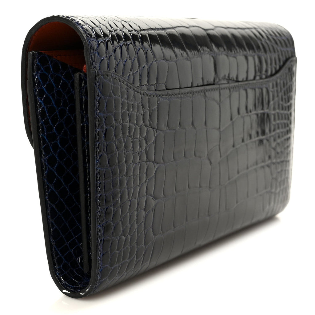 Shiny Alligator Constance Long Wallet Bleu Marine Cuivre