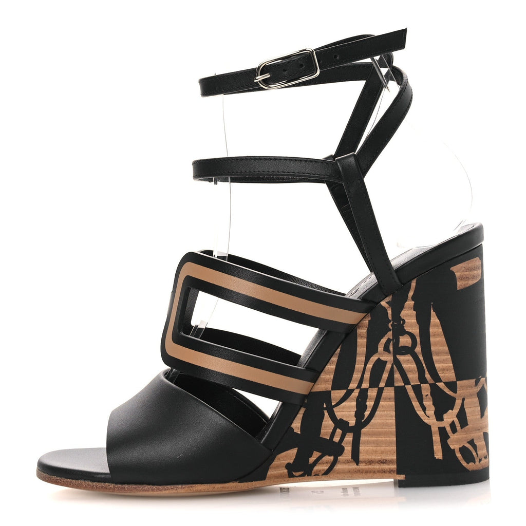 Calfskin Klara 100 Wedge Sandals 35 Black Natural