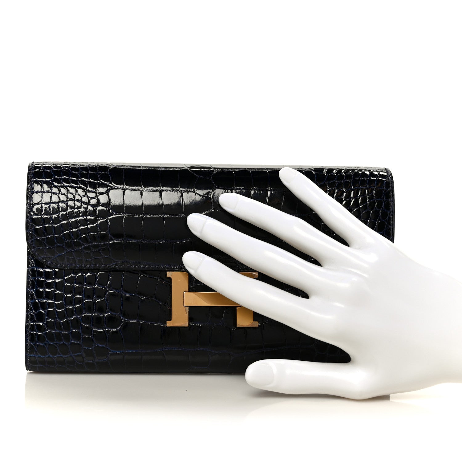 Shiny Alligator Constance Long Wallet Bleu Marine Cuivre