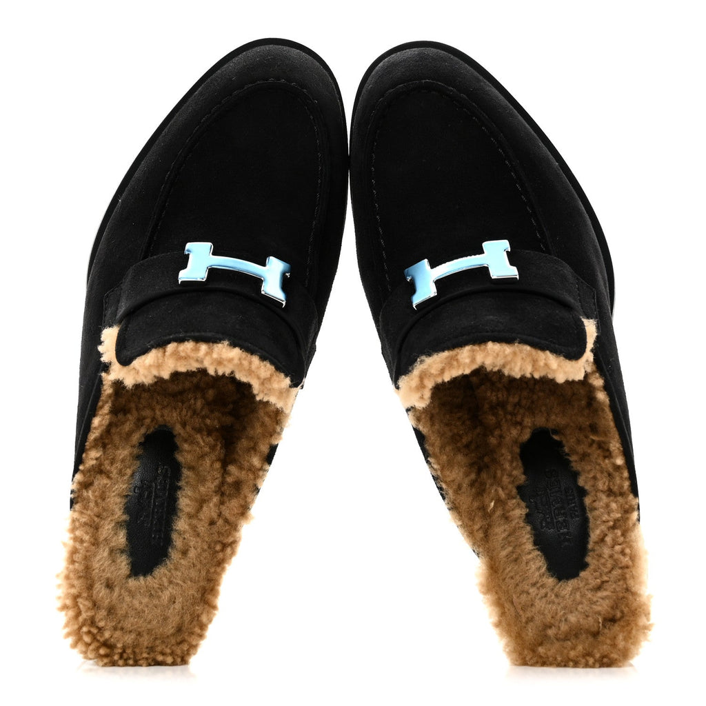 Suede Goatskin Woolskin Flore 60 Mules 36.5 Black Camel