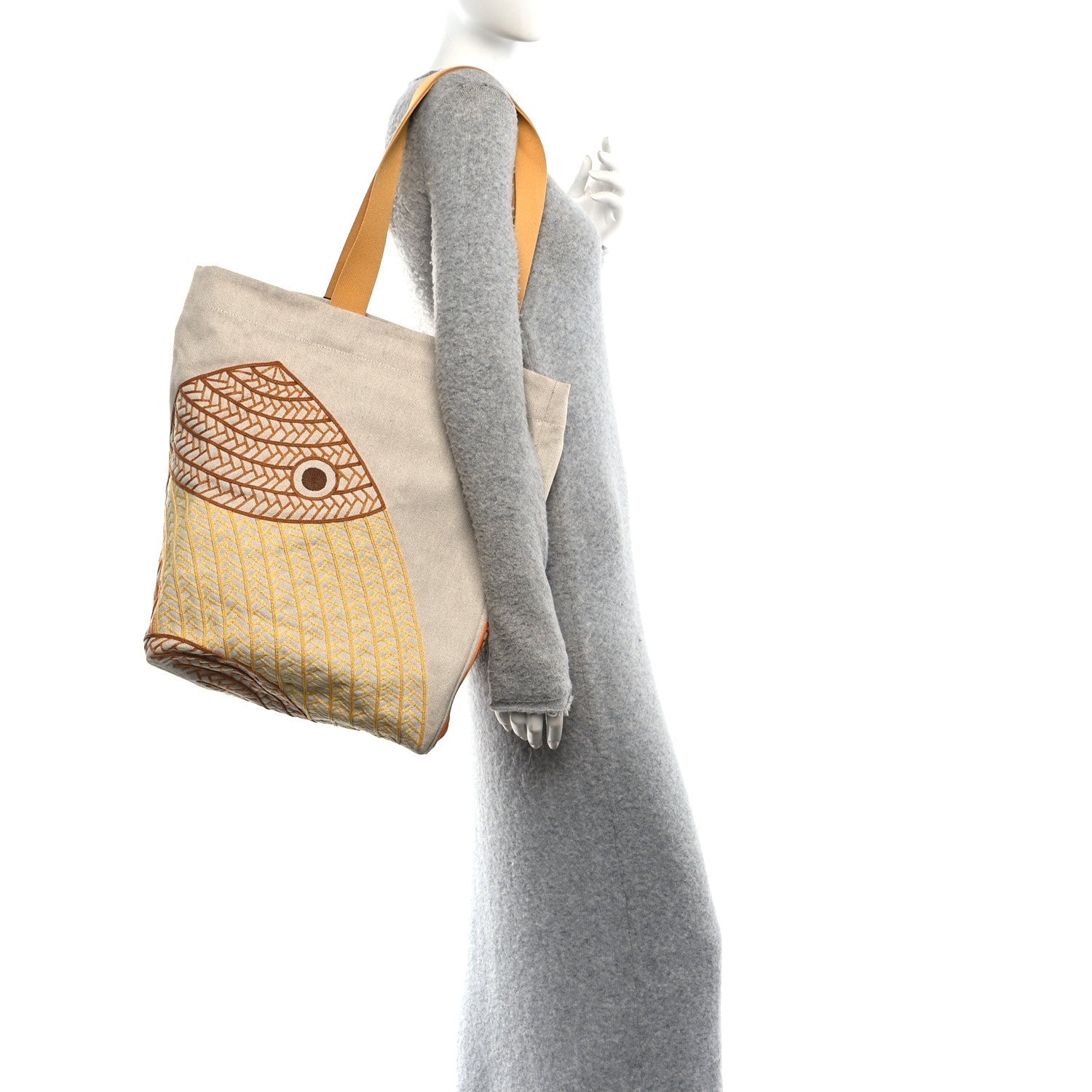 H Canvas Embroidered Poisson Natte Beach Bag Camel Jaune