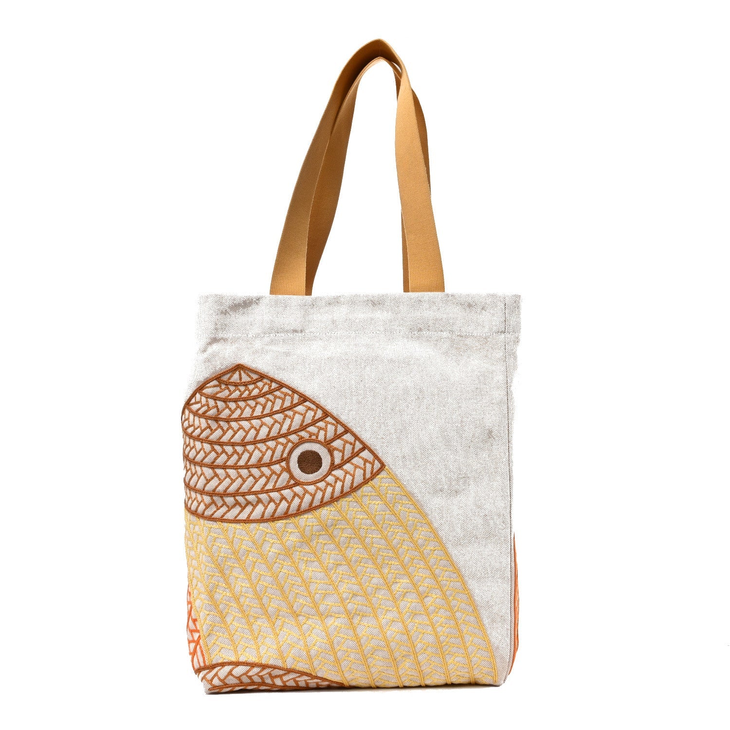 H Canvas Embroidered Poisson Natte Beach Bag Camel Jaune