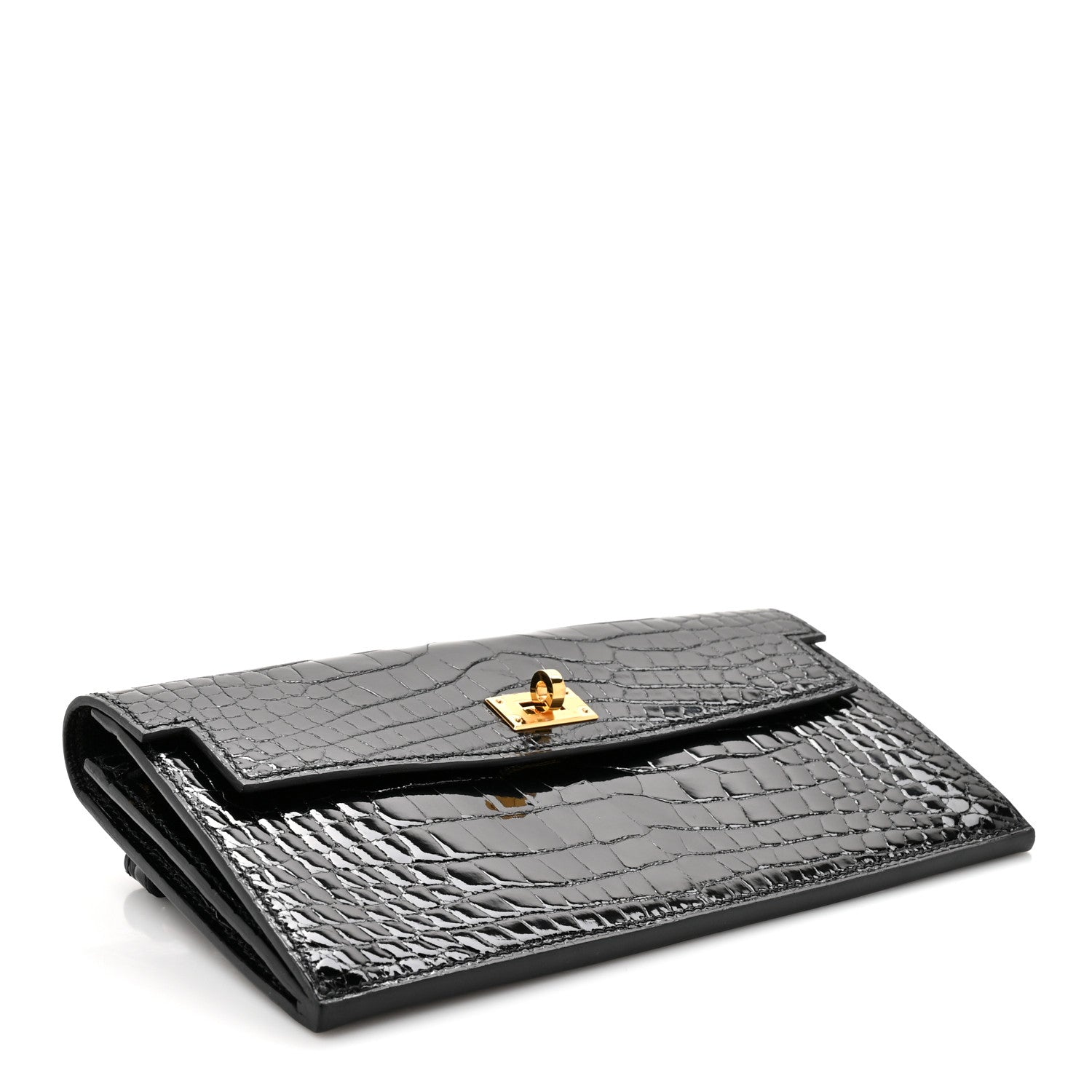 Shiny Alligator Kelly Pocket Long Wallet Black
