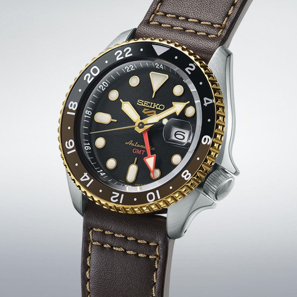 Seiko 5 Sports SKX GMT Automatic Mocha Black Dial Brown Leather Strap Watch For Men - SSK036K1