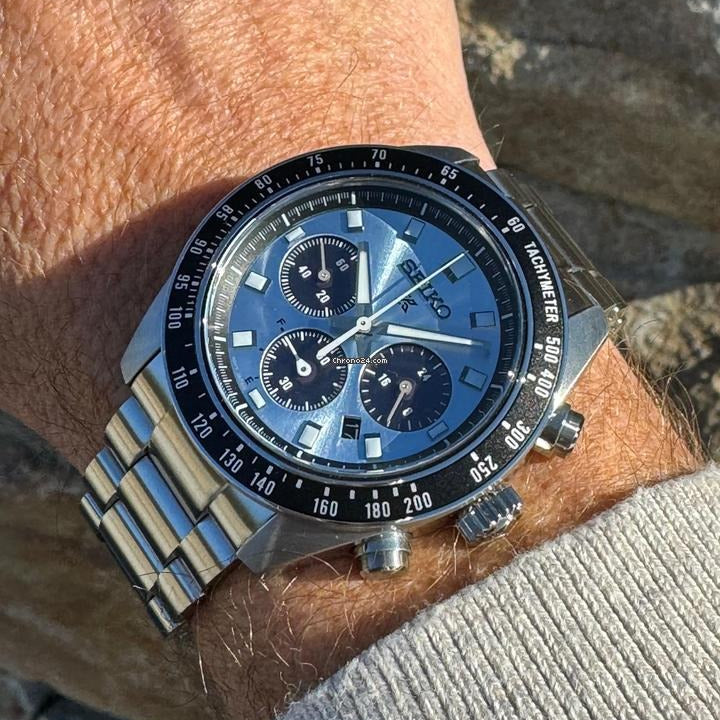 Seiko Prospex Speedtimer 41.4 Solar Chronograph Blue Dial Silver Steel Strap Watch for Men - SSC935
