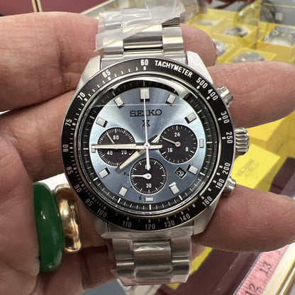 Seiko Prospex Speedtimer 41.4 Solar Chronograph Blue Dial Silver Steel Strap Watch for Men - SSC935
