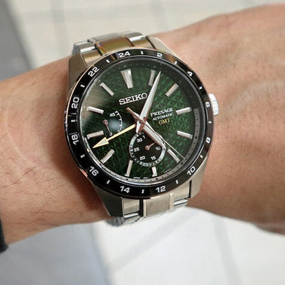 Seiko Presage Sharp Edged Series GMT Green Dial Silver Steel Strap Watch For Men - SPB219J1