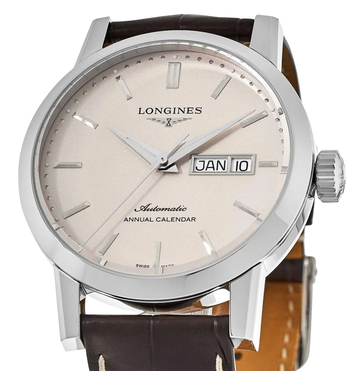 Longines 1832 Annual Calendar Automatic Stainless Steel Beige Dial Brown Leather Strap Date/Month Mens Watch L4.827.4.92.2