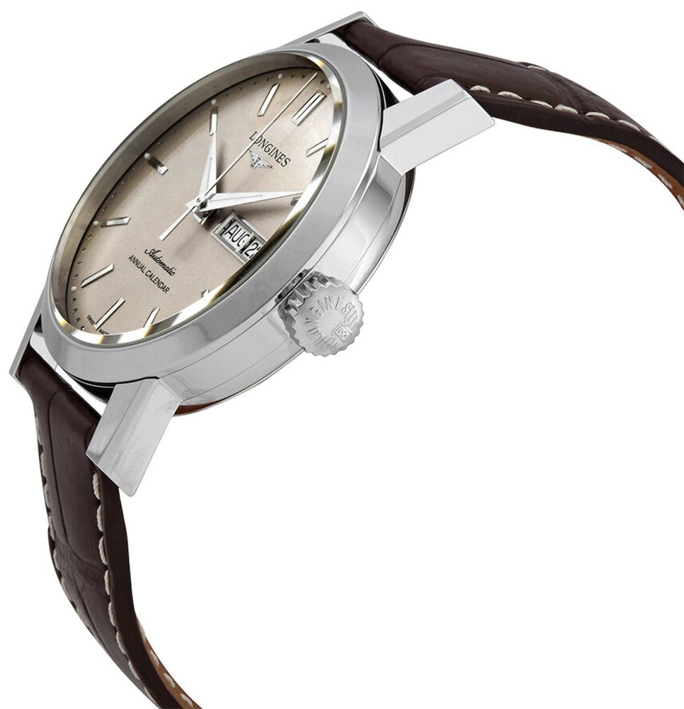 Longines 1832 Annual Calendar Automatic Stainless Steel Beige Dial Brown Leather Strap Date/Month Mens Watch L4.827.4.92.2