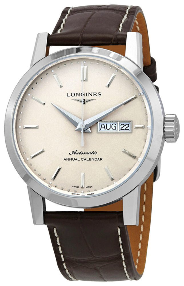 Longines 1832 Annual Calendar Automatic Stainless Steel Beige Dial Brown Leather Strap Date/Month Mens Watch L4.827.4.92.2