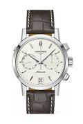 Longines 1832 Automatic Chronograph Stainless Steel Beige Dial Brown Leather Strap Date Mens Watch L4.829.4.92.1