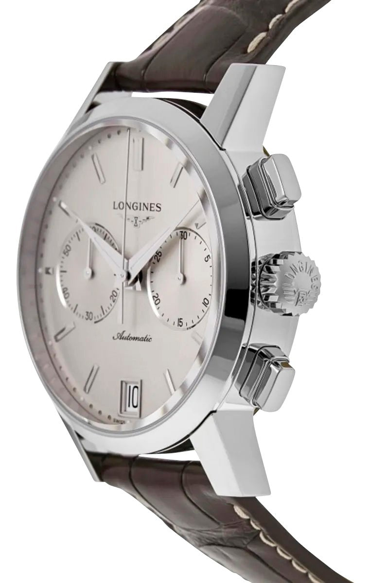Longines 1832 Automatic Chronograph Stainless Steel Beige Dial Brown Leather Strap Date Mens Watch L4.829.4.92.2