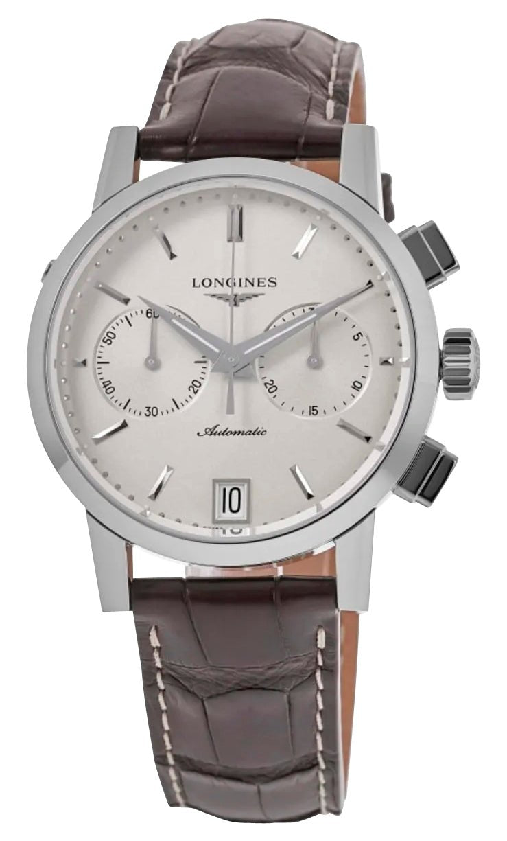 Longines 1832 Automatic Chronograph Stainless Steel Beige Dial Brown Leather Strap Date Mens Watch L4.829.4.92.2