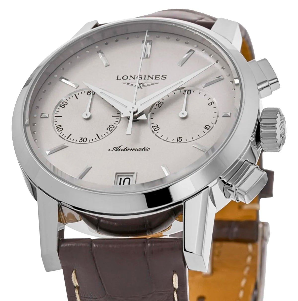 Longines 1832 Automatic Chronograph Stainless Steel Beige Dial Brown Leather Strap Date Mens Watch L4.829.4.92.2
