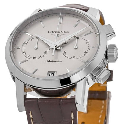 Longines 1832 Automatic Chronograph Stainless Steel Beige Dial Brown Leather Strap Date Mens Watch L4.829.4.92.2
