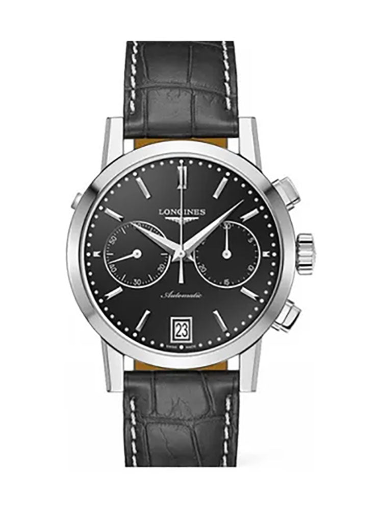 Longines 1832 Automatic Chronograph Stainless Steel Black Dial Date Black Leather Strap Mens Watch L4.829.4.52.1