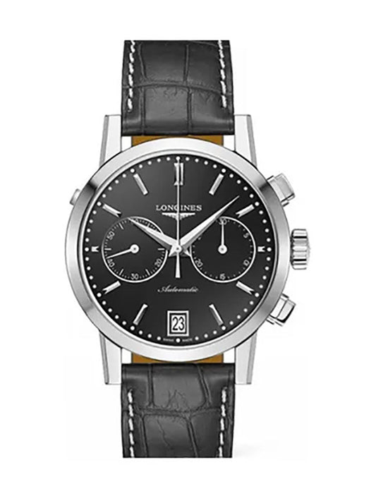 Longines 1832 Automatic Chronograph Stainless Steel Black Dial Date Black Leather Strap Mens Watch L4.829.4.52.1