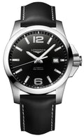 Longines Conquest Automatic Stainless Steel Black Dial Black Leather Strap Date Divers Mens Watch L3.778.4.58.3