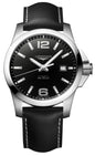 Longines Conquest Automatic Stainless Steel Black Dial Black Leather Strap Date Divers Mens Watch L3.778.4.58.3