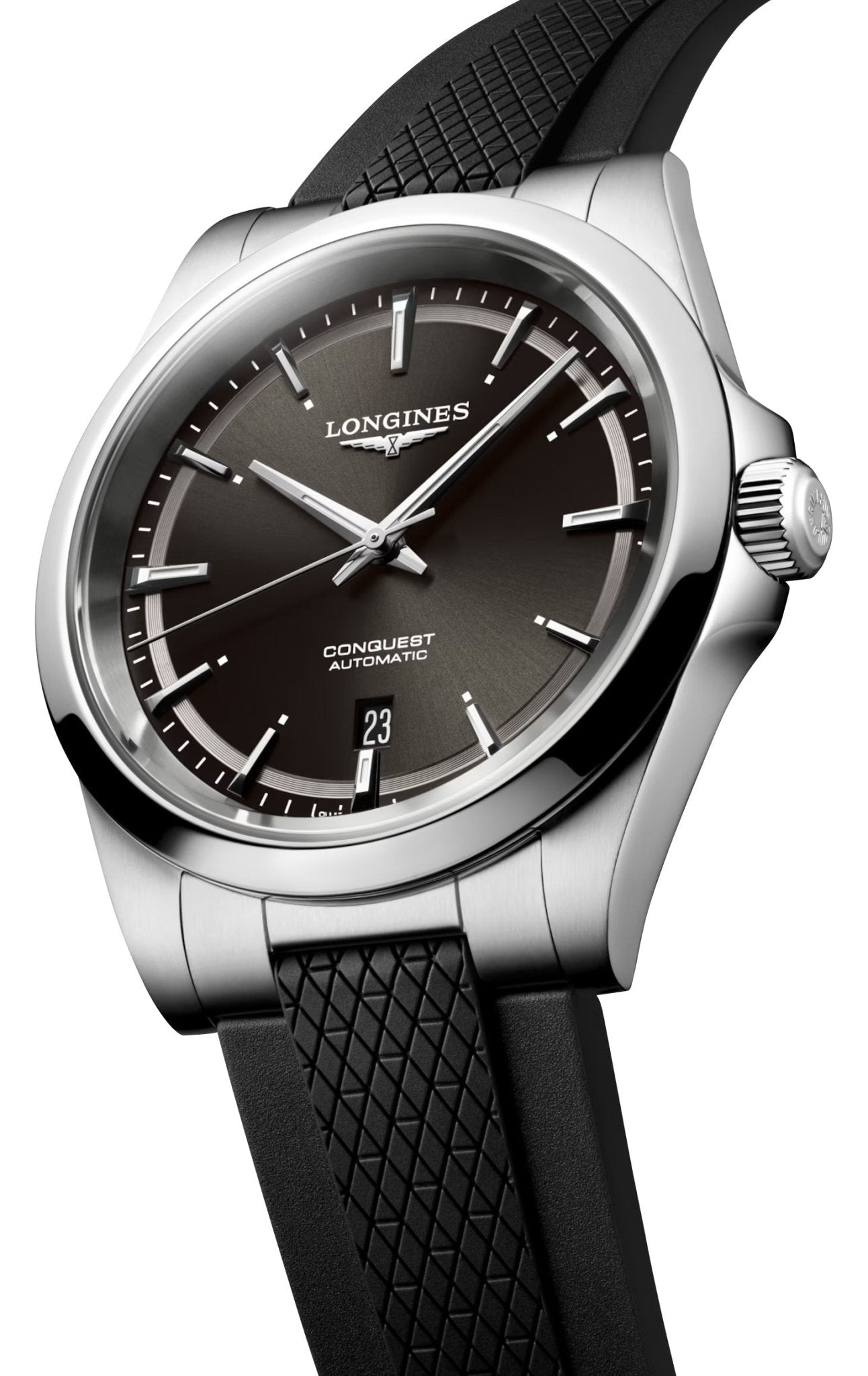 Longines Conquest Automatic Stainless Steel Black Dial Black Rubber Strap Date Mens Watch L3.830.4.52.9