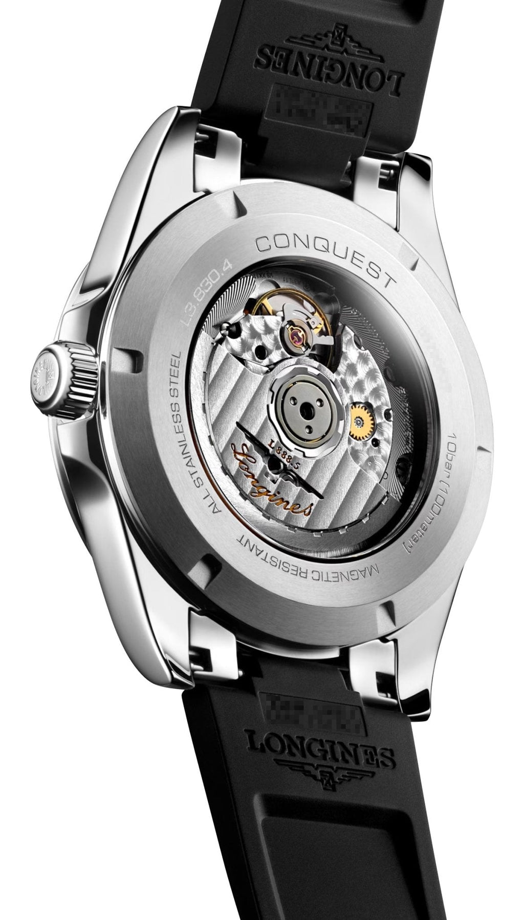 Longines Conquest Automatic Stainless Steel Black Dial Black Rubber Strap Date Mens Watch L3.830.4.52.9