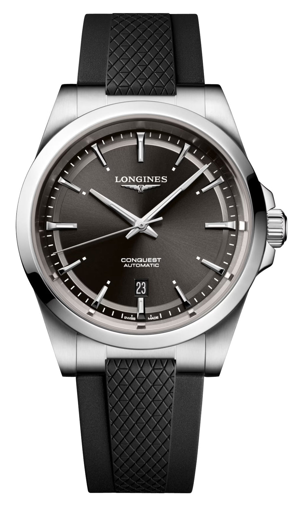 Longines Conquest Automatic Stainless Steel Black Dial Black Rubber Strap Date Mens Watch L3.830.4.52.9