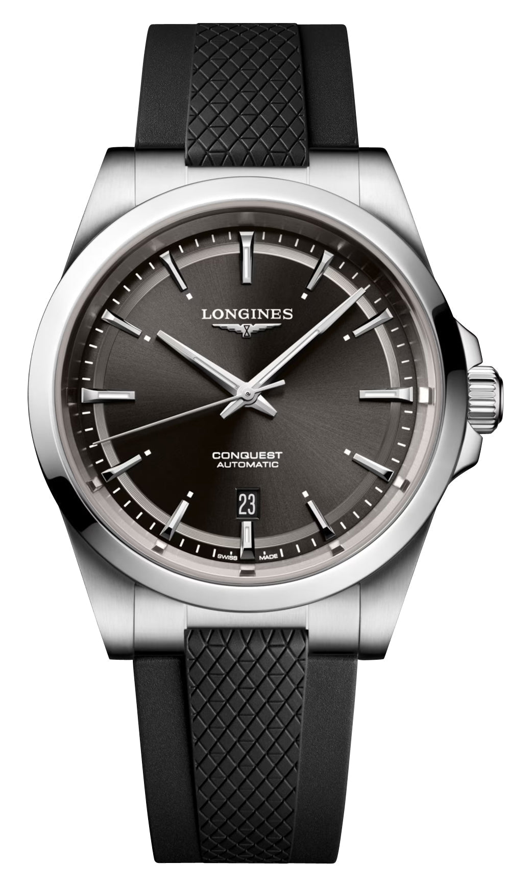 Longines Conquest Automatic Stainless Steel Black Dial Black Rubber Strap Date Mens Watch L3.830.4.52.9