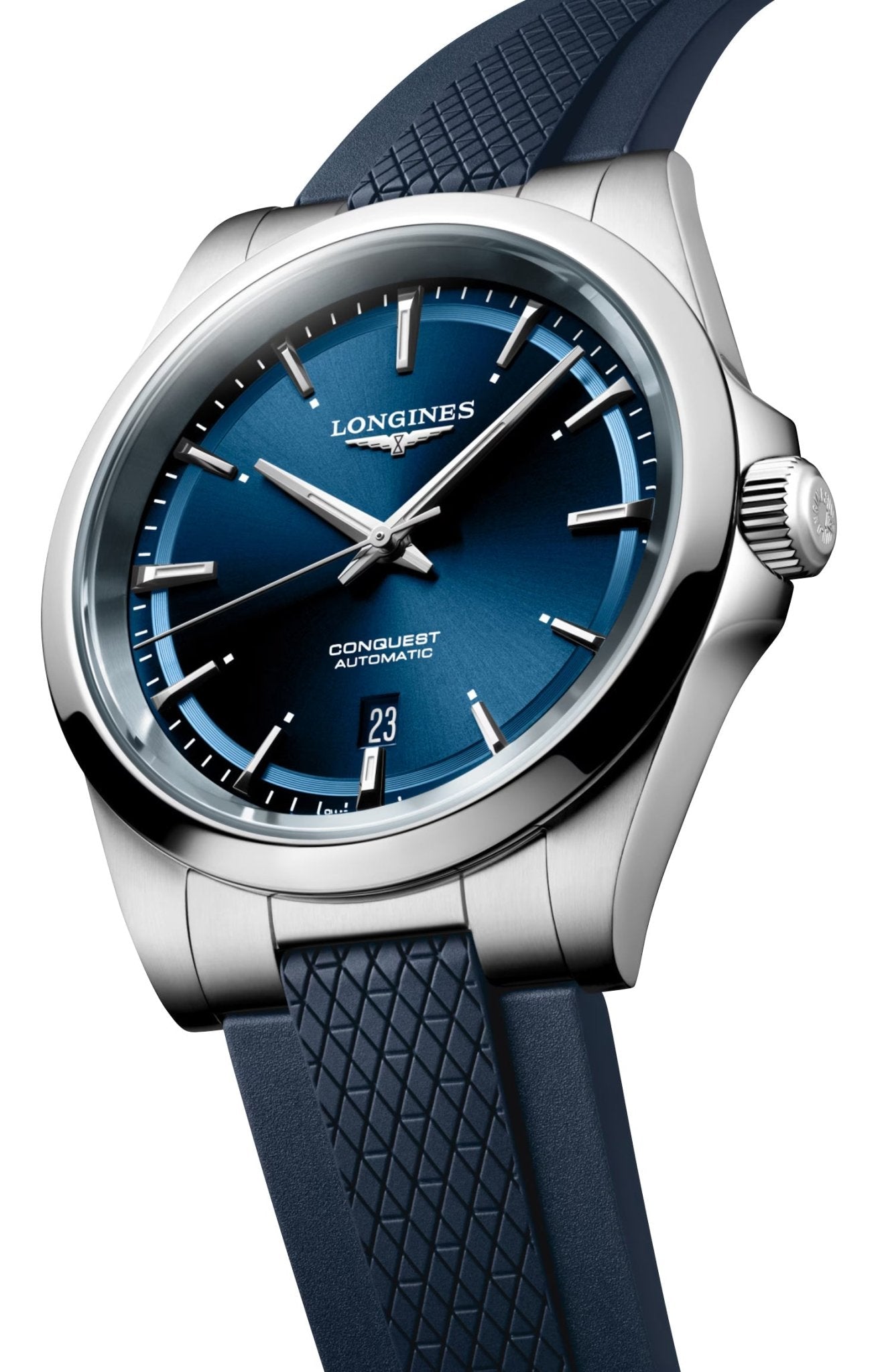 Longines Conquest Automatic Stainless Steel Blue Dial Blue Rubber Strap Date Mens Watch L3.830.4.92.9