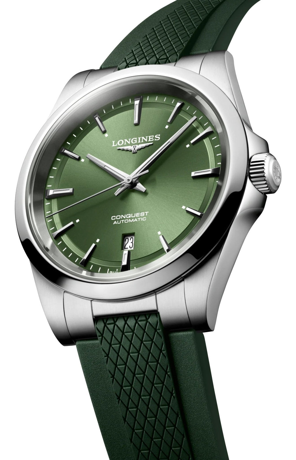Longines Conquest Automatic Stainless Steel Green Dial Green Rubber Strap Date Mens Watch L3.830.4.02.9