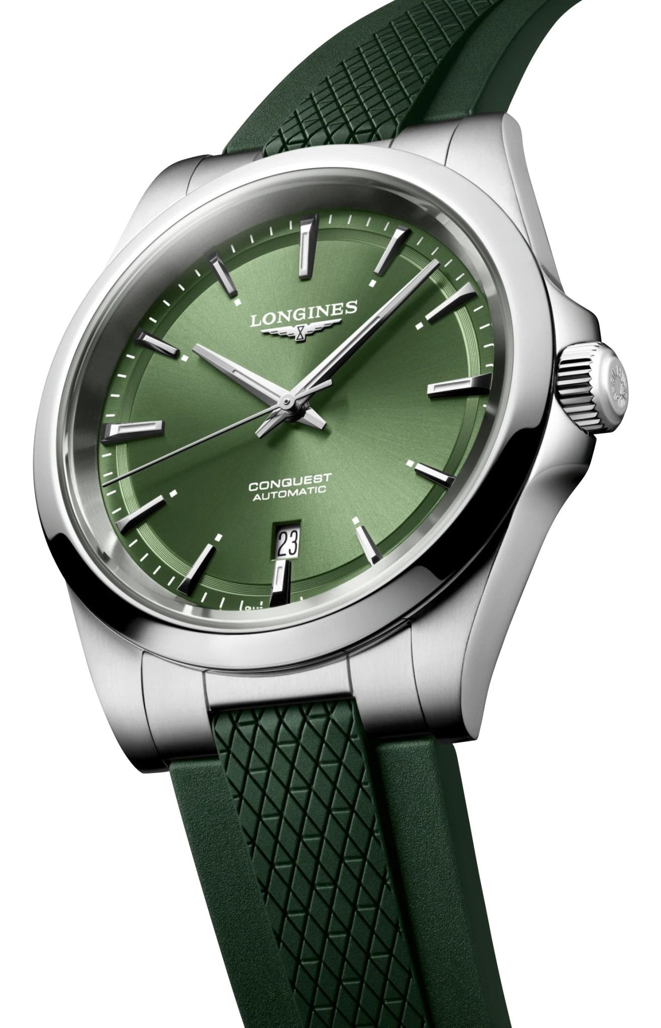 Longines Conquest Automatic Stainless Steel Green Dial Green Rubber Strap Date Mens Watch L3.830.4.02.9