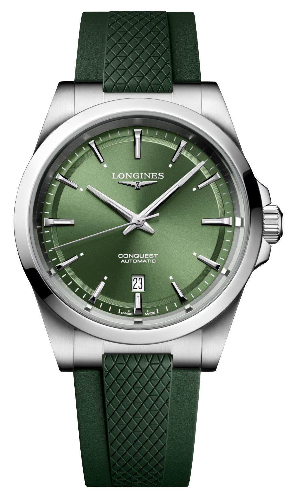 Longines Conquest Automatic Stainless Steel Green Dial Green Rubber Strap Date Mens Watch L3.830.4.02.9
