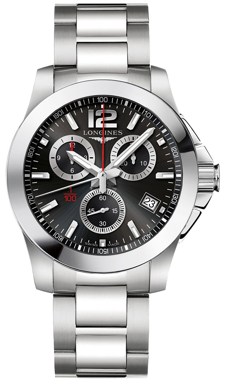 Longines Conquest Chronograph Stainless Steel Black Dial Date Divers Quartz Mens Watch L3.700.4.56.6