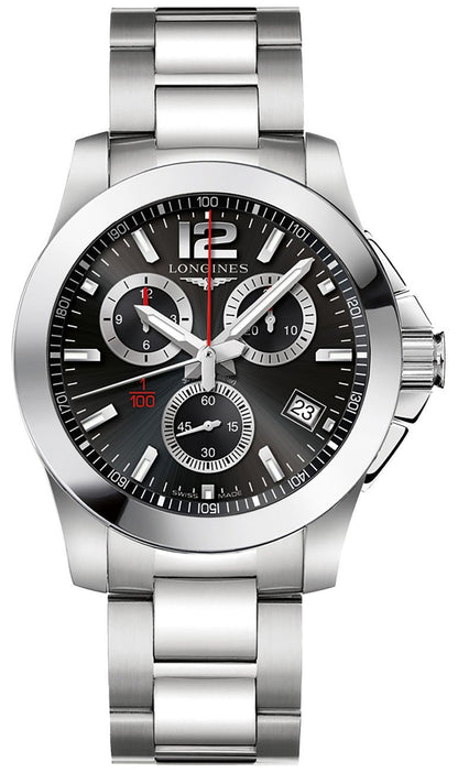 Longines Conquest Chronograph Stainless Steel Black Dial Date Divers Quartz Mens Watch L3.700.4.56.6